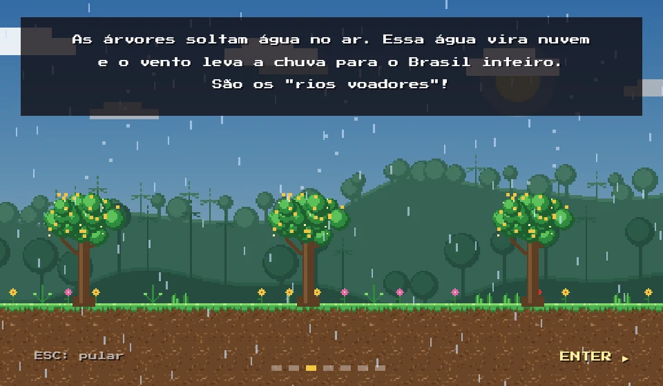 Cena da história: árvores soltando água que vira chuva