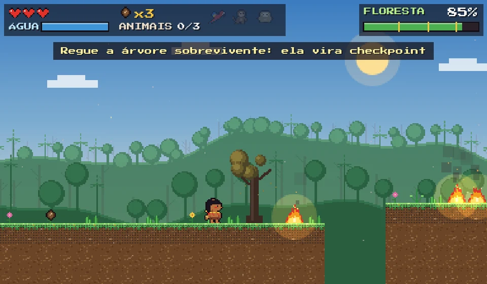 Urihi numa floresta que voltou a ficar verde, com uma árvore sobrevivente e um foco de fogo à frente